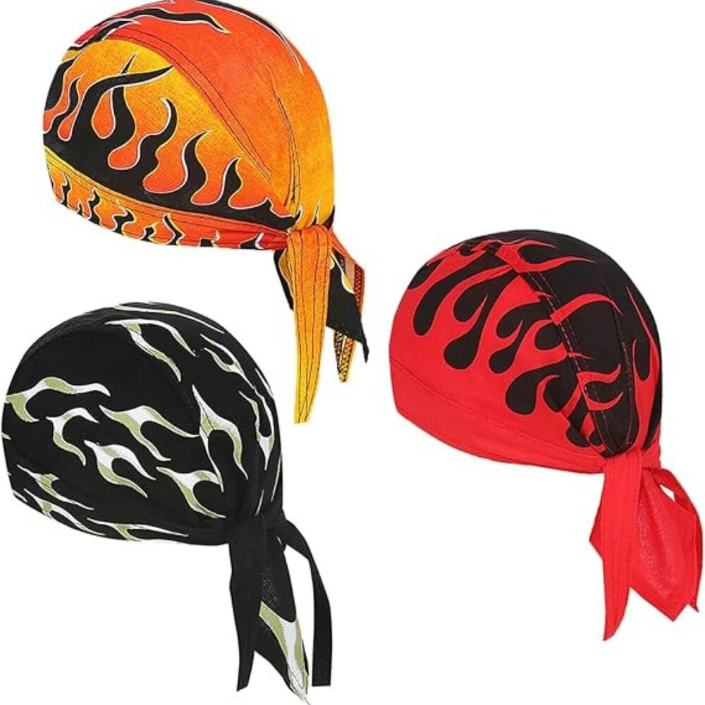 3‎ Pcs Doo Rags Skull Cap Hat Cooling Head Wrap Bandana Helmet Liner Flames